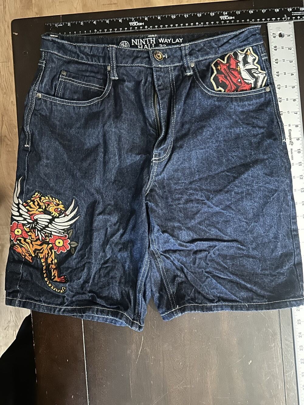 Y2K Ninth Hall Waylay Denim Shorts Sz32 Embroidered Tiger Rose Baggy Skate Jort